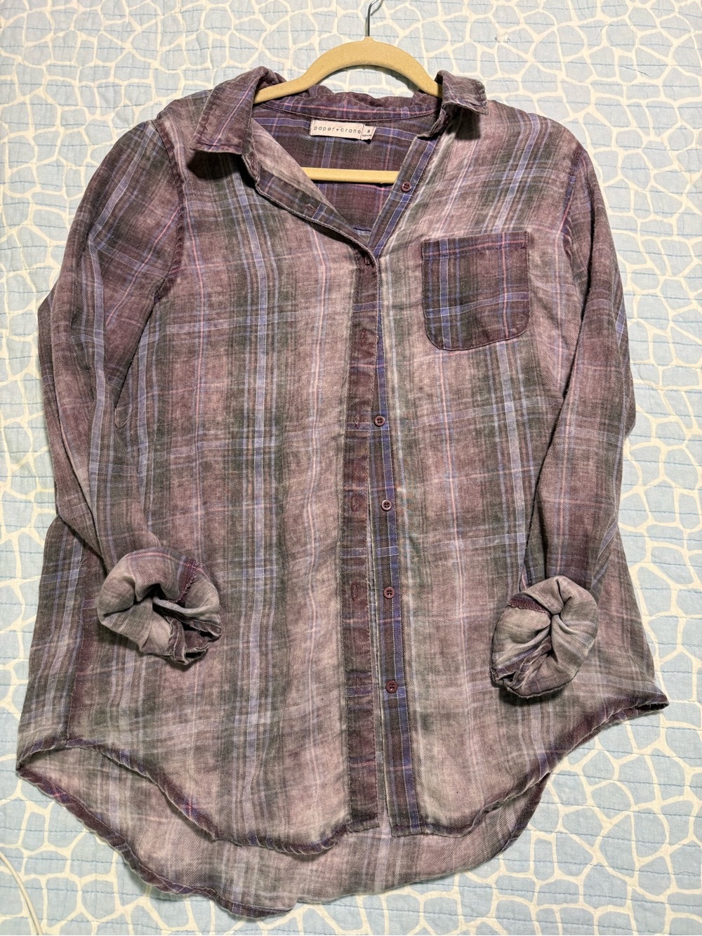 Paper Crane Plaid Button Up Shirt in Purple and Gray Size Medium